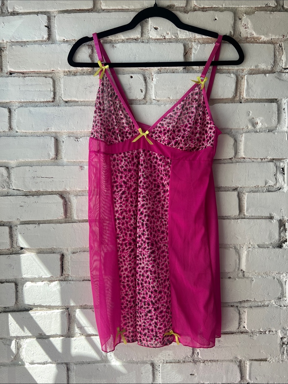 Vintage Hot Pink Leopard Print Sheer Chemise with Yellow Bows
